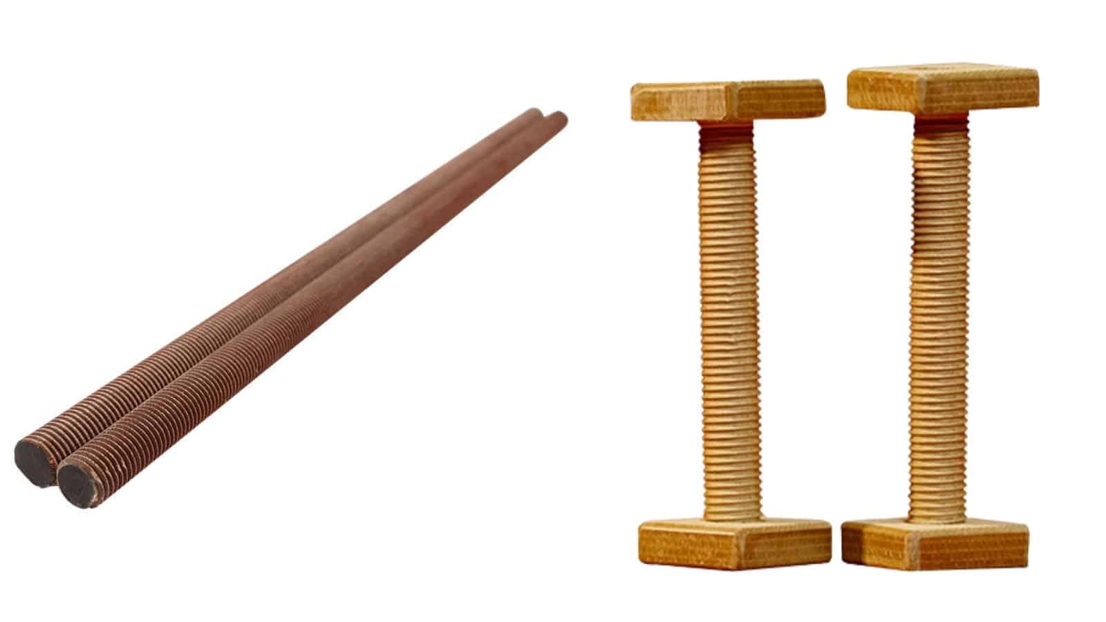 Threaded rod and nut set made of laminated densified wood for transformer fastening, IEC 61061 compliant high strength wood insulation fasteners