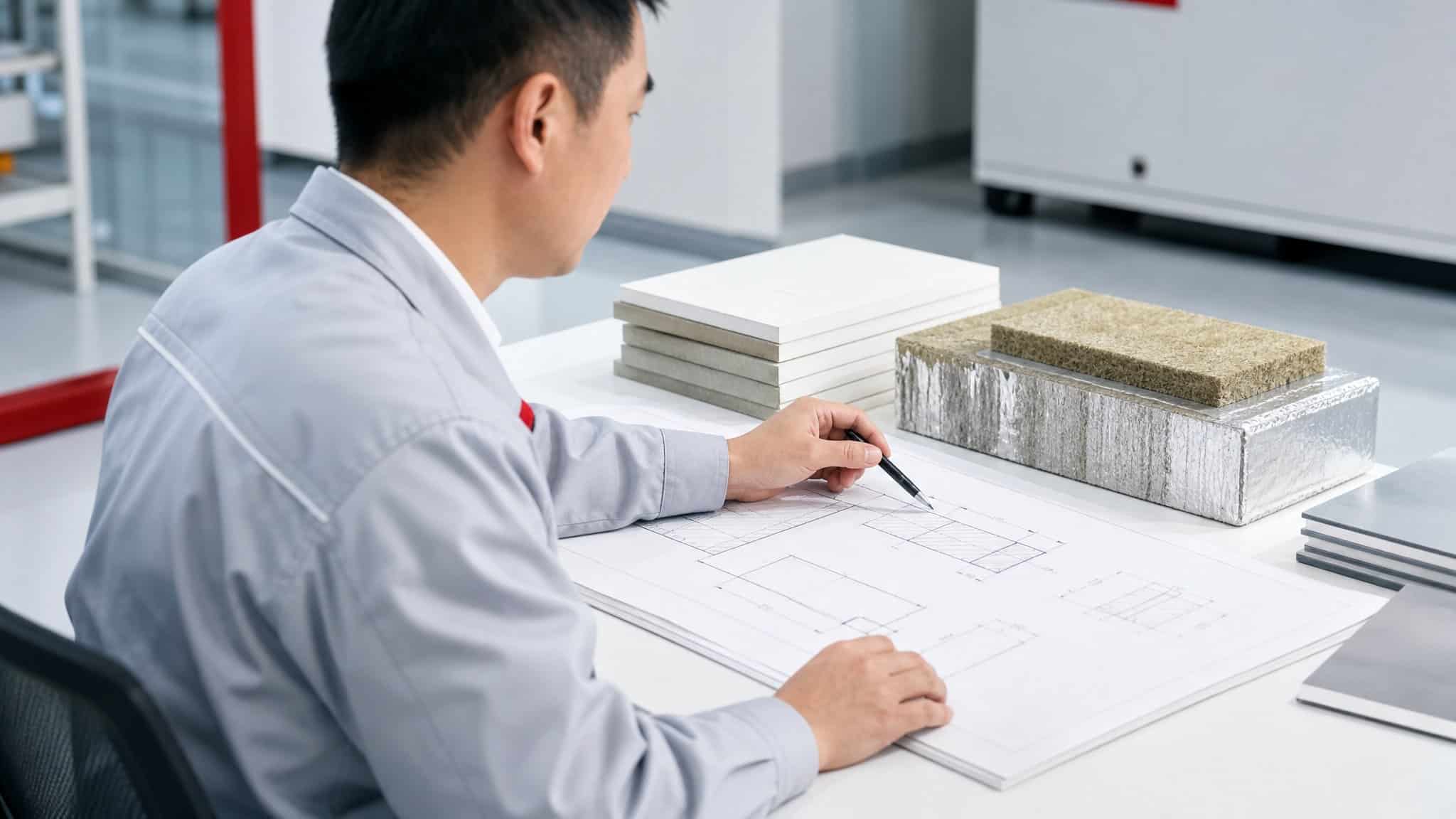 Guangxin engineer reviewing technical drawings with material samples