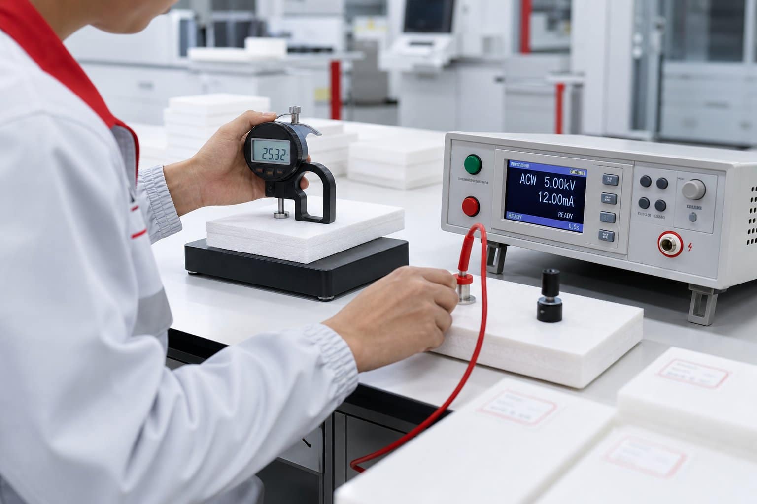 Guangxin QC laboratory technician testing an insulation sample